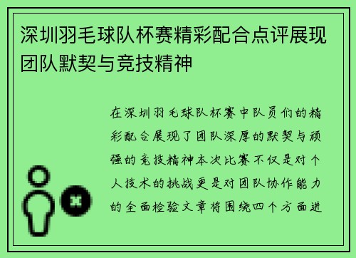 深圳羽毛球队杯赛精彩配合点评展现团队默契与竞技精神